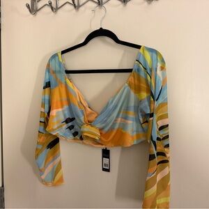 AFRM Blue and Gold Bell Sleeve Crop Blouse